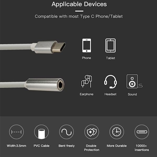 2 i 1 Type C til 3,5 mm lydsplitterkabel Type C lydadapterkabel