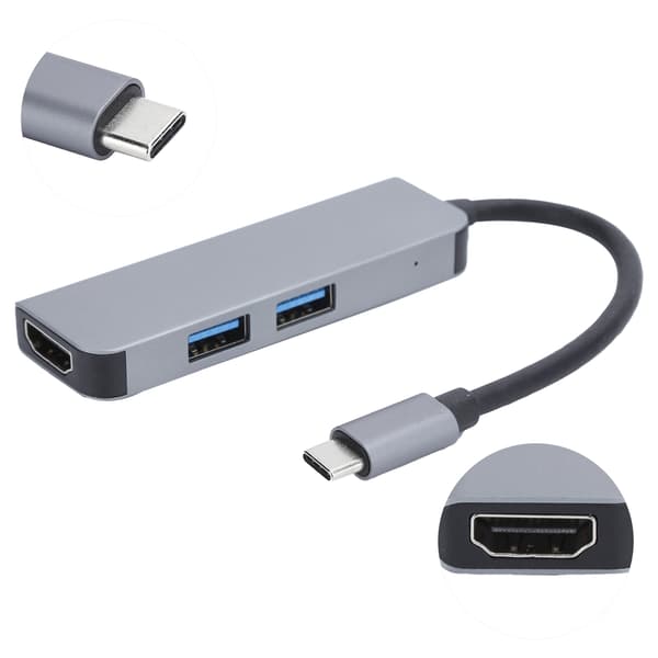 Multifunktionell Type C Hub HDMI 2x USB3.0 Utgångsadapter Dockningsstation Aluminiumlegering