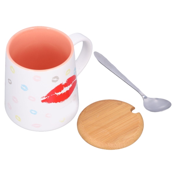 Keramisk krus kaffekopp 450ml Nydelig trykk te drikkekopp med skje trelokk for daglig bruk Rosa