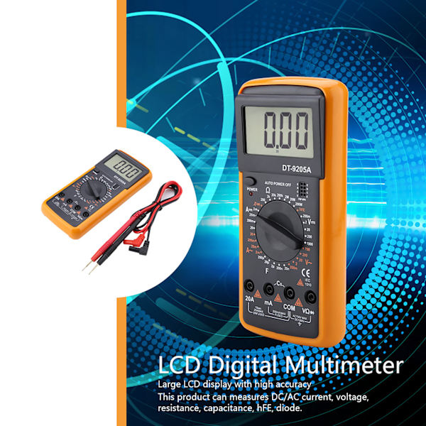 DT9205A LCD-skjerm Håndholdt digitalt multimeter AC/DC motstandskapasitanstester