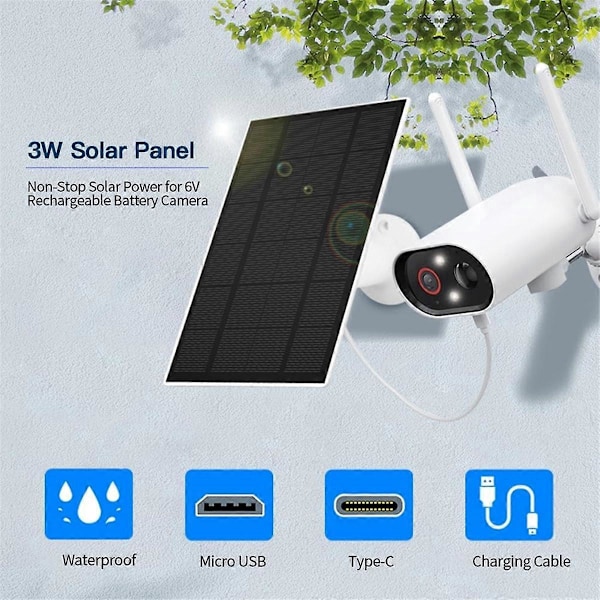 3W solcellepanel for sikkerhetskameraer, innebygd oppladbart batteri