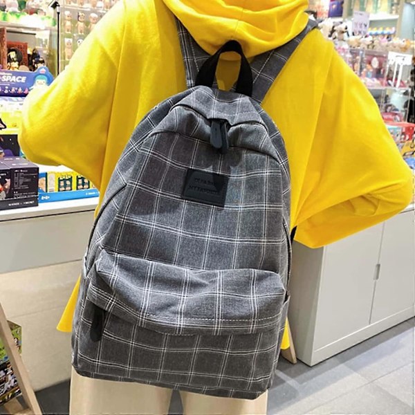 Naisten kevyt esteettinen reppu, ruudullinen koululaukku akateeminen reppu kannettavalle tietokoneelle, takaisin kouluun repputarvikkeet, retro ruudullinen, musta, 30*14*