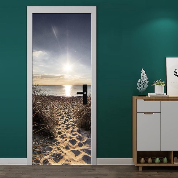 3D Dörrklistermärke Soluppgång Landskap Trompe L'oeil Väggdekor Vattentät tapet för sovrum och badrum, 95x215cm