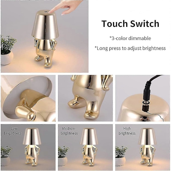 Natlampe Lille Gylden/Sølv Mand, 3 Niveauer Dæmpbar Sengelampe Touch Belysning 3d Tænker Statue Genopladelig Led Bordlampe ff E I Sølv