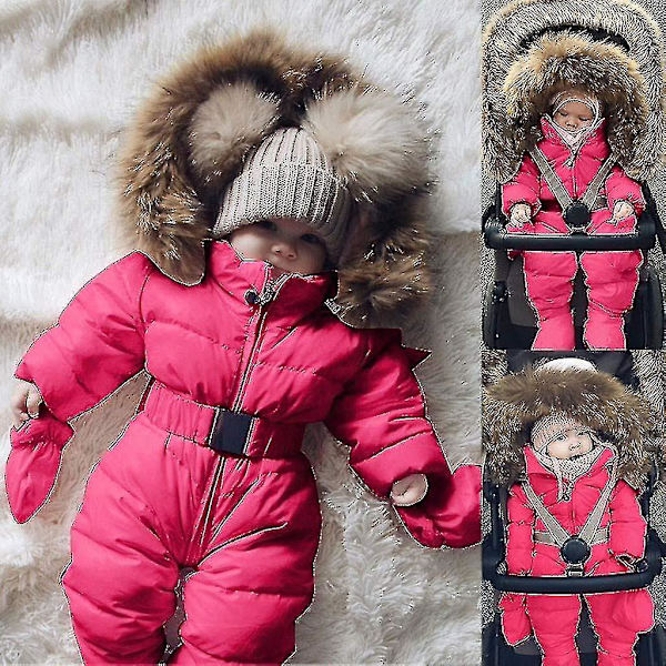 Unisex Baby Overall med Huva - 0-24 Månader - Pojk & Flicka Romper med Pälskrage 70cm Röd