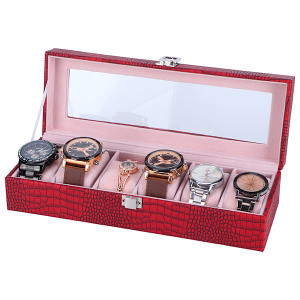 6 Slot Watch Box PU Leather Rectangular Wristwatch Display Case Storage Organizer Wine Red