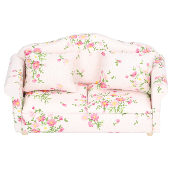 Miniature Sofa 1/12 Skala Pink Grøn Blomstermønster Birk Træ Dukkehus Dobbelt Sofa til Fødselsdage Gave DIY Spil
