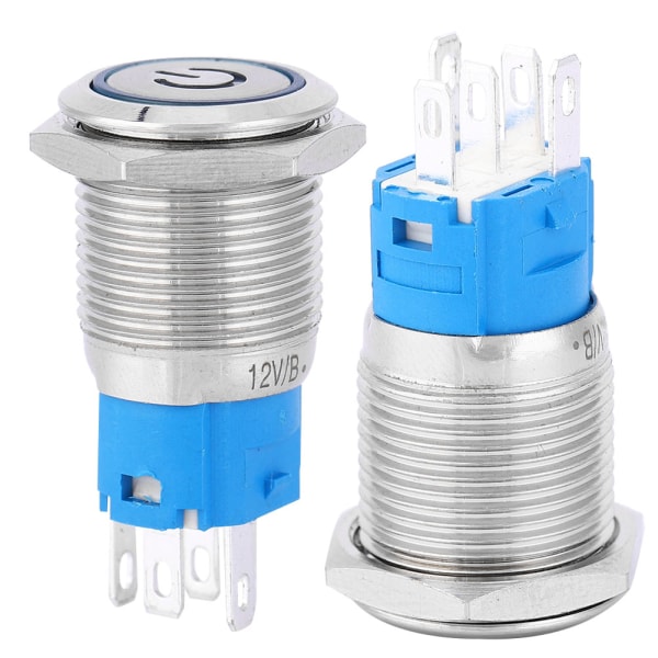 Blå LED platt runt huvud självåterställande metalltryckknappsring med power 16mm(12V)