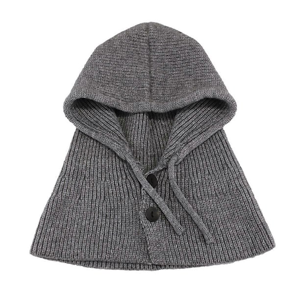 Vinterlue med hette og skjerf strikket beanie-grå