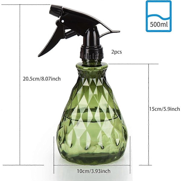 2 stk. Tomme Sprayflasker, 500 ml Vandsprayflasker med Justerbart Sprayhoved, Genopfyldelige Trigger Sprayflasker (Grøn)