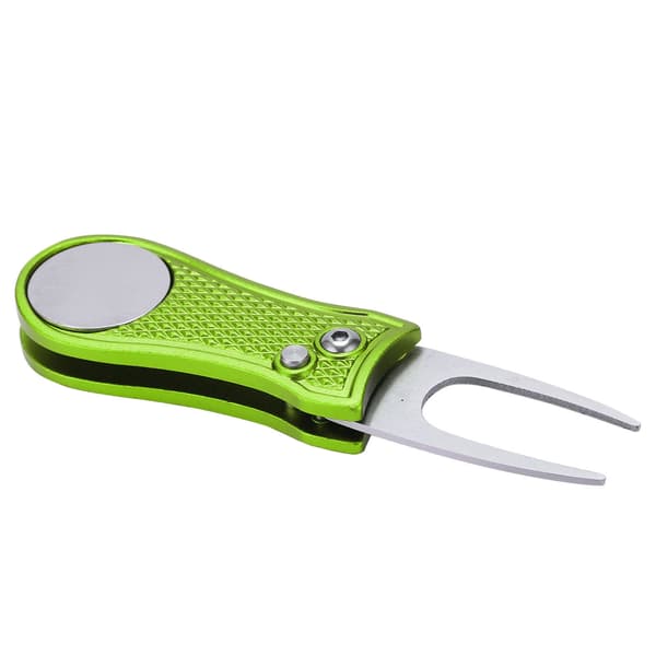 Golf Green Gaffel Rustfrit Stål Foldbar Golf Divot Reparationsværktøj med Magnetisk Tilbehør Lime