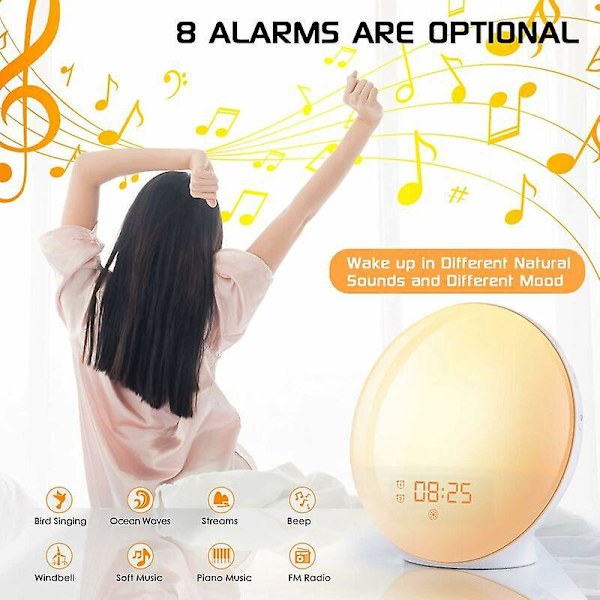 Väckarklockradio med Morgonljus och Ljuseffekter - Sänglampa med 20 Programmerbara Ljusstyrke-Alarm, Soluppgångs- och Solnedgångssimulering, Snooze-funktion
