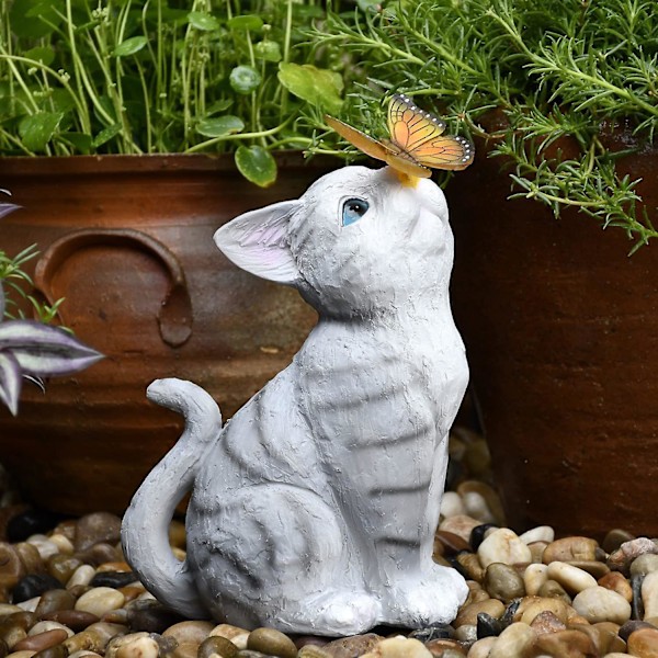 1 stk. Kreativ Have Dekoration Kat-Sommerfugl Udendørs Solcellelampe, Harpiks Ornament, Udendørs Solcellelampe, 13*18*26cm