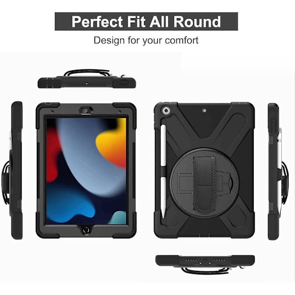 Stötsäker robust fodral för iPad 10,2\" - Svart, 9:e/8:e/7:e generationen, med pennhållare, vridbart stativ, axelrem, handrem