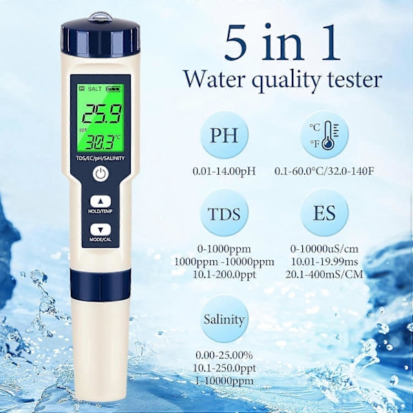 PH-mätare & TDS-mätare Digital Vattentestare 5 i 1 Salthaltsmätare PH Temp EC och TDS-mätare, PH-mätare för Vatten med LCD-bakgrundsbelysning, Vattentestkit för D