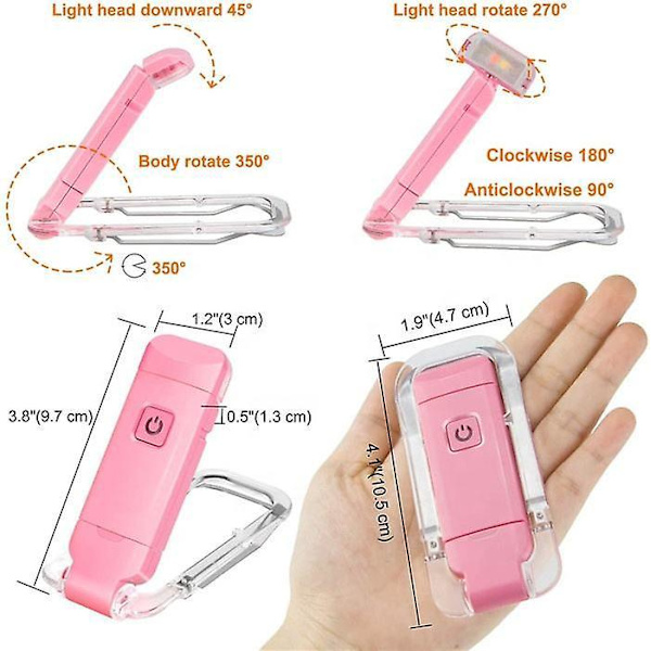 Bärbar USB-uppladdbar LED-boklampa med klämma, 3 dimbara ljusstyrkor för ögonskydd, rosa