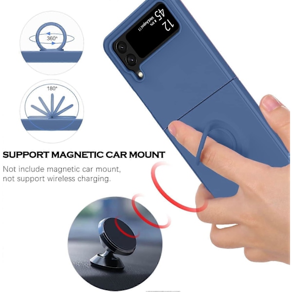 Kotelo Samsung Galaxy Z Flip4 5G:lle nestemäisellä kumilla ja 360-rengastelineellä, Samsung Galaxy Z Flip 4 -kotelo, silikoninen iskunkestävä suojus, Samsung Z Flip4 - Safiiri