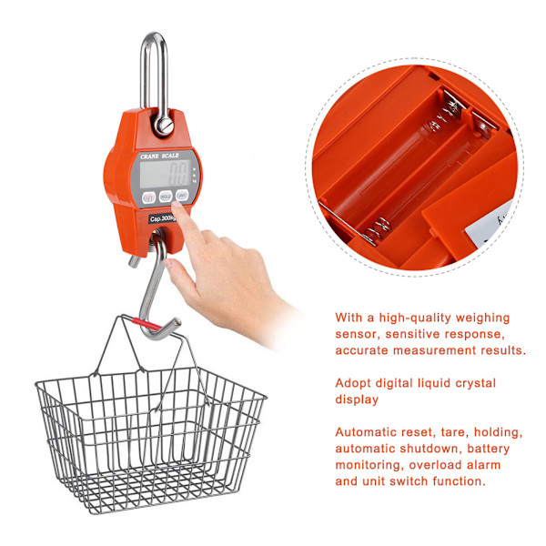 Mini kannettava digitaalinen LCD-näyttö ripustusvaaka sähköinen punnitusvaaka 300kg/600lb oranssi