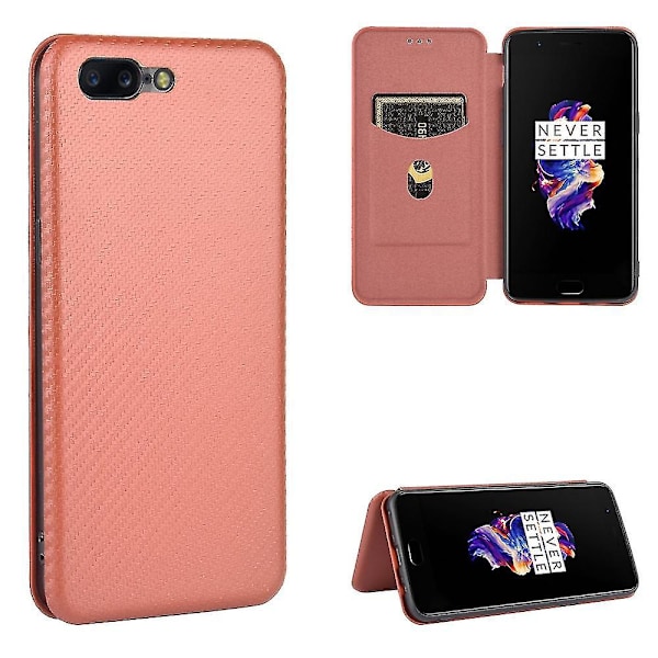 För Oneplus 5 Kolfiber Läderfodral-B6 Brun