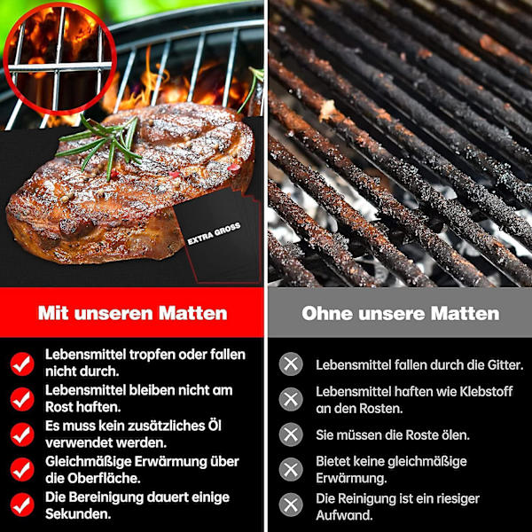 8-Pack BBQ Grillmåtter - 40x33 cm - Teflonbelagt, non-stick, PFOA-fri - Varmebestandig op til 260°C