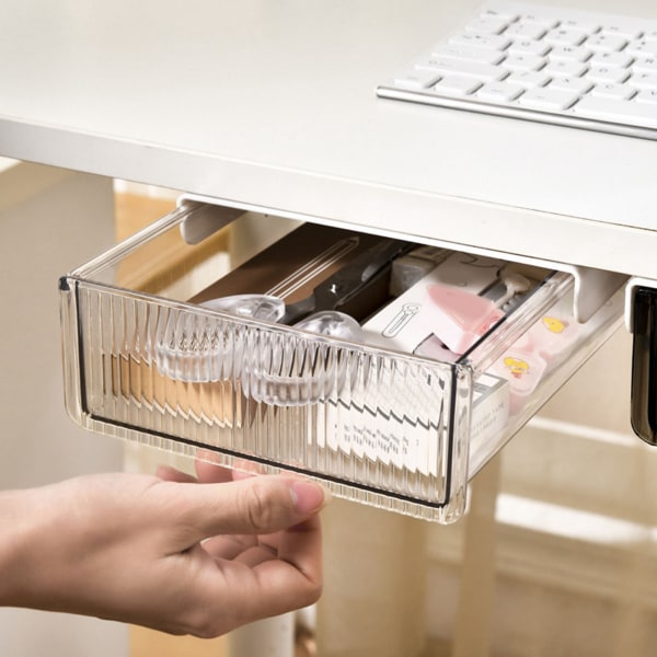 Underdesk skuffeskuff i plast, gjennomsiktig, plassbesparende, uttrekkbar under bord oppbevaringsboks for kontor, klasserom, gjennomsiktig S