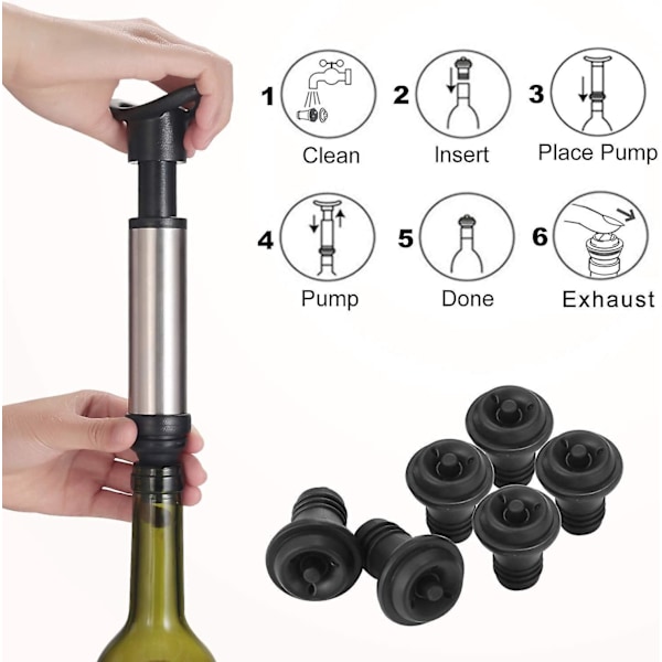 Vakuumpumpe til vin i rustfrit stål med 6 propper - Vinspareflaske holder vinen frisk - Fødevarekvalitet