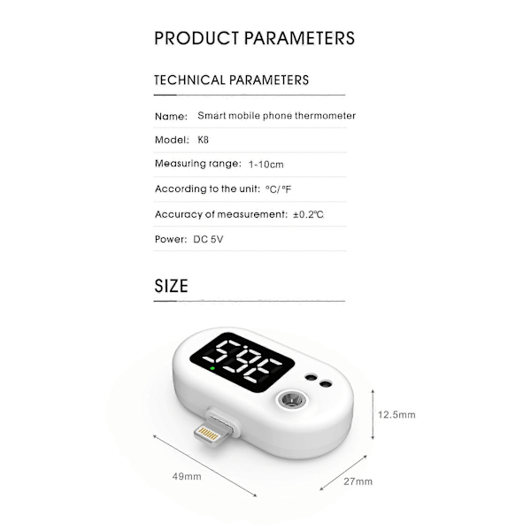 Mobiltelefon USB smart termometer Bao k8 kontaktfri infrarød termometer menneskelig pandetemperatur 3#