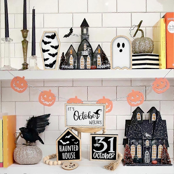 6 kpl Halloween-koristeita, aave, lepakko, kurpitsa, porrastettu tarjotin sisustus, puinen pöytäkoriste kotiin, hyllylle, Halloween-sisustus -CHN