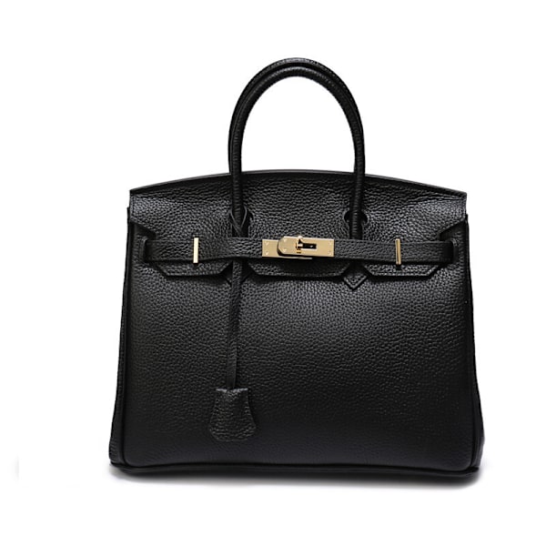 Damhandväska i äkta läder, lyxig lychee-mönstrad väska - svart black 25CM