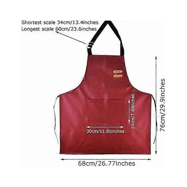 Waterproof PU Apron with Large Pocket Adjustable Oil-Resistant Apron for Kitchen Dishwashing Cooking Red