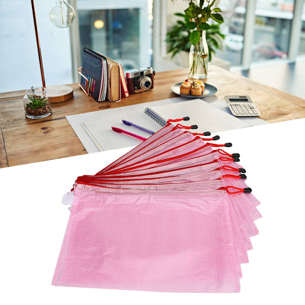 10 st nät dragkedja väska A4 filmapp PVC transparent information pack dokument arrangör ljusrosa