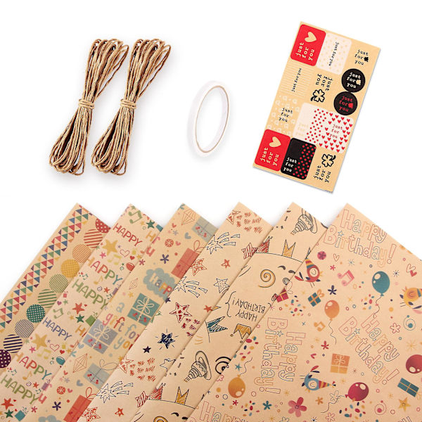 Kraft Presentpapper för Pojkar - 6 Ark, Brun, Perfekt för Födelsedagar och Festligheter