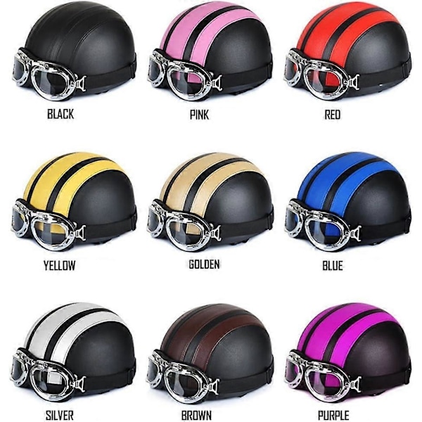 Motorcykel scooter åben halv ansigts læderhjelm med UV-beskyttelsesbriller retro nostalgisk stil 54-60cm
