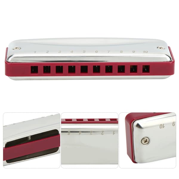 Blues Harmonica i rustfrit stål med 10 huller, Eb-toneart, til begyndere og professionelle, rød