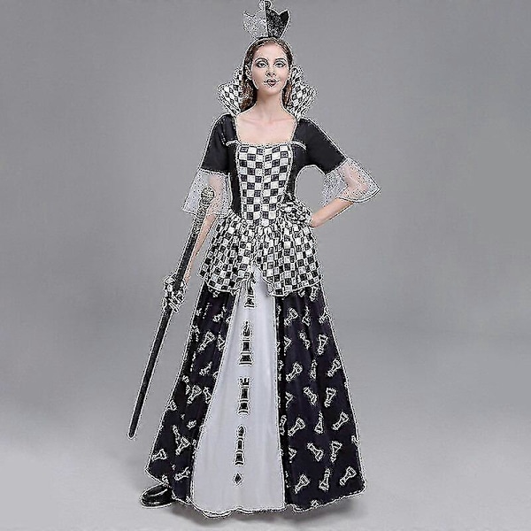 Skak Dronning Kostume til Kvinder - Halloween Fest Udklædning - Skakbrik Print XL