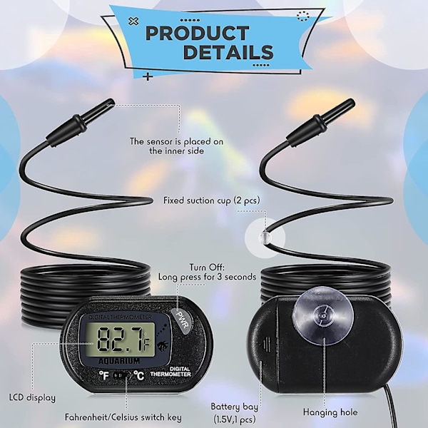 Digital LCD-akvarie termometer med probe - Nøyaktig vanntermometer for fisketank, akvarium, marine reptiler