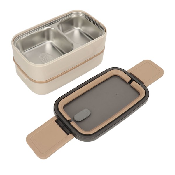Dobbeltlags lunsjboks stabelbar Bento-boks med redskaper Rustfritt stål Spiseboks 1400ml Khaki 304