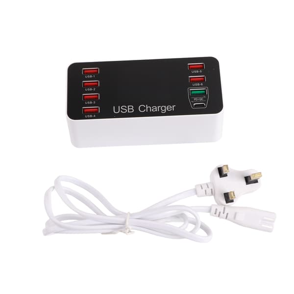LCD-skærm USB-oplader 8-port TypeC hurtigopladning 40W til telefon tablet computer (UK-stik)