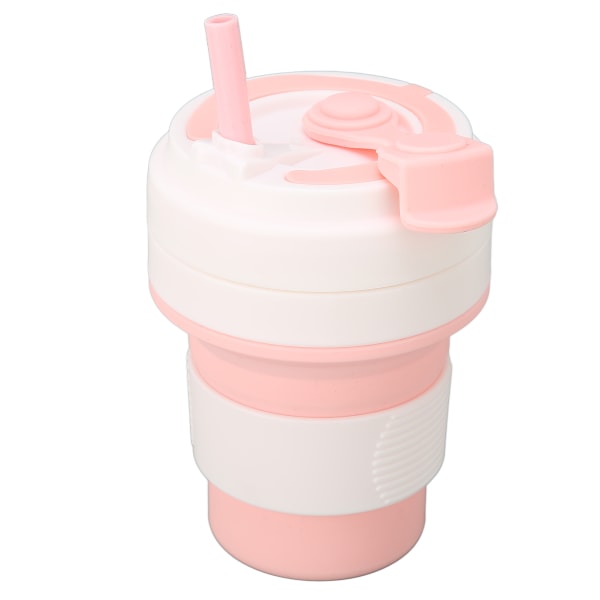 Vikbar kaffekopp Silikon Rosa 350 ml Bärbar Bra tätningsprestanda med sugrör Vikbar kaffemugg för resor
