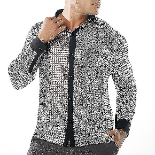 Glitrende paljettmesh-topp for menn - Retro 60-talls 70-talls discodansskjorte XL sølv