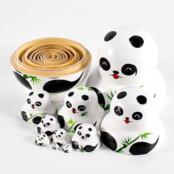 Håndlavet 10-dele Panda Nesting Dolls Set - Matryoshka Russian Doll Series