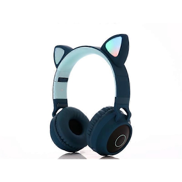 Söta gaminghörlurar med kattöron, trådlösa LED-stereohörlurar av öronsnäckstyp, FM-radio TF-kort bluetooth-hörlurar med mikrofon (mörkblå)