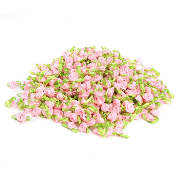 Håndlagde blomster med blader små roser hodeplagg dukketilbehør DIY kunstig bånd (rosa)
