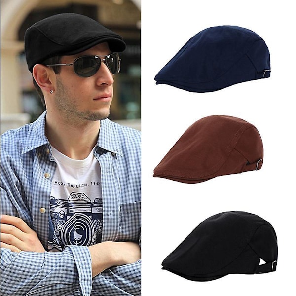 Baskerhatt Herr Justerbar Platt Vintage Hatt，Svart L（58-60cm）