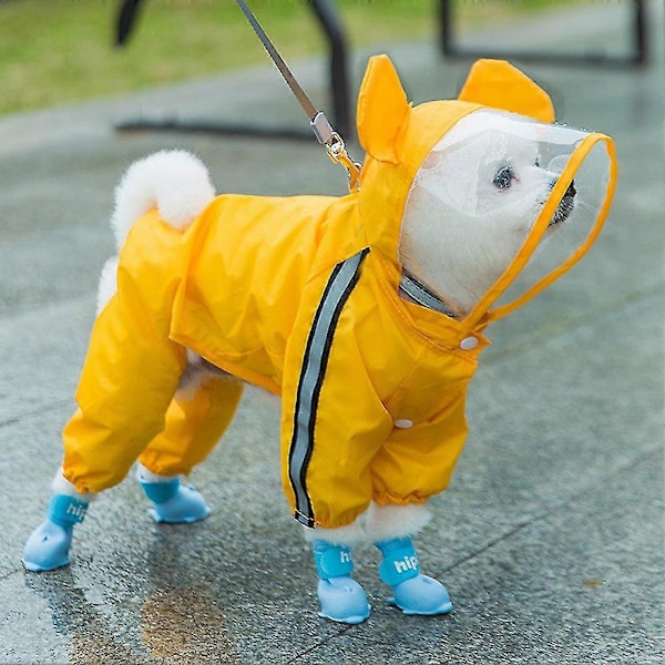 Keltainen Karhu 2XL pieni koiran sadetakki nelijalkainen vedenpitävä all-inclusive Teddy-poncho lemmikin sadepäivän vaatteet ZD B2