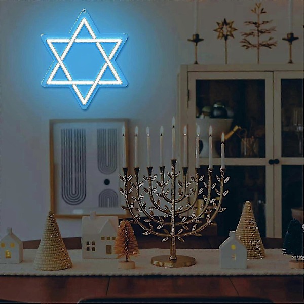 Davidstjerne Neonskilt, Hanukka-dekorasjoner Blå Sekstakket Stjerneform Lysende Akryl Med USB-drevet, LED Neon Lys Veggkunst Dekor For Jøder J