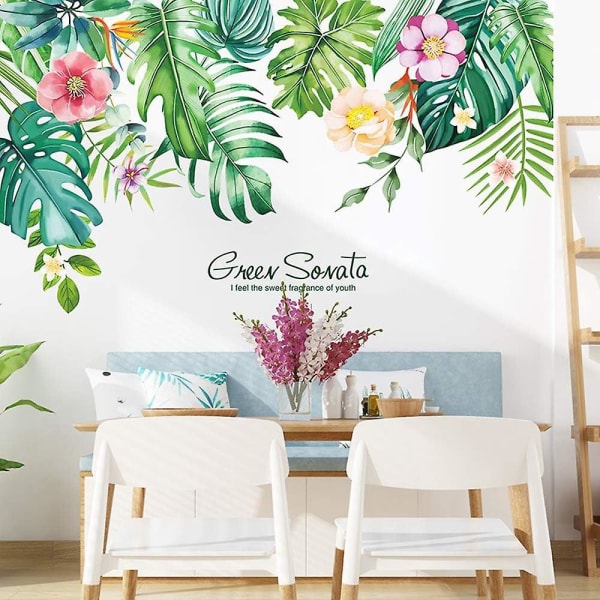 Tropiske blomster og grønne blade vægklistermærker - Aftagelige Vandtæt DIY vægkunstindretning til stue, kontor og soveværelse