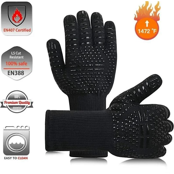 Skridsikre silikone grillhandsker - Maks. temperatur 800°C (sort)