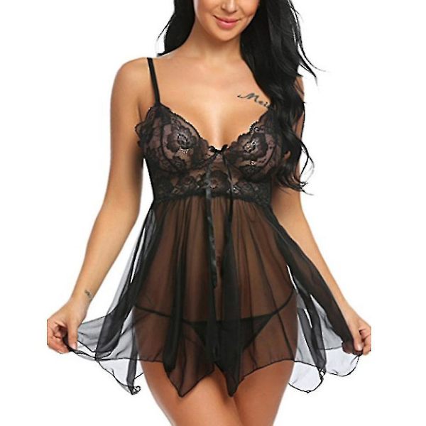 Svart genomskinlig spets babydoll nattlinne underkläder nattkläder 2XL