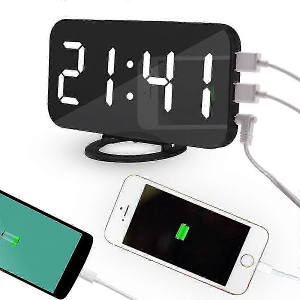 Digital Väckarklocka Skrivbordsspegelklocka Med Dubbla Usb Led-displayer För Kontor Hem -JRCN Svart och Vit